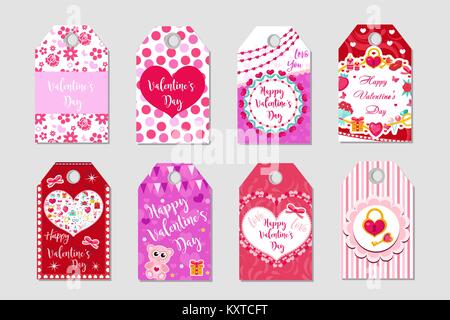 Happy Valentine's Day tags set. Labels collection with heart, cute love symbol, romance. Holiday card background templates for your design. Vector illustration. Stock Vector