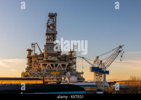 Haugesund, Norway - December 9, 2018: Johan Sverdrup drilling platform and crane at Risoya in Haugesund. Stock Photo