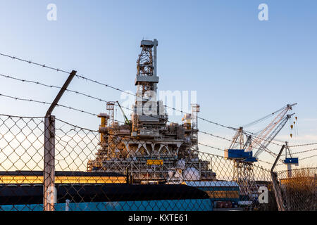 Haugesund, Norway - December 9, 2018: Johan Sverdrup drilling platform at Risoya in Haugesund. Stock Photo