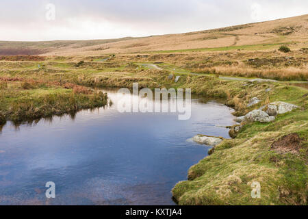 A bend in the River Taw near Taw Marsh on Dartmoor, Devon, England, UK Stock Photo