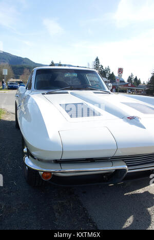 Images of a 1963 Chevrolet Corvette with the rare split rear window in brilliant white. Stock Photo
