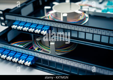 Fibre optic patch distribution panel shelf for enterprise networking Stock Photo