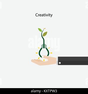 Plant growing inside the light bulb and human hand sign.Green eco energy concept.Tree of Knowledge concept. Education and business sign. Vector illust Stock Vector