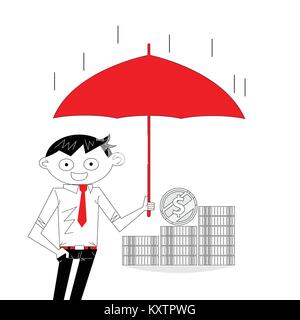 Achievement or Success concept.Manager,office worker or businessman with the beard holding an open umbrella over golden coins. Concept of business ins Stock Vector