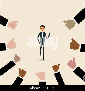 Acknowledgement and Business compliment concept.Success and Achievement concept.Proud businessman icon with many thumbs up hands on background.Cartoon Stock Vector