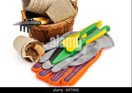 Gardening tools and seed on a white background Stock Photo