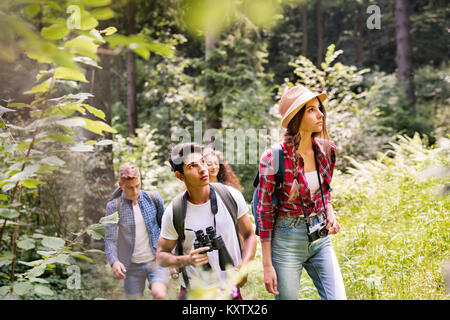 Teenagers with backpacks hiking in forest. Summer vacation. Stock Photo