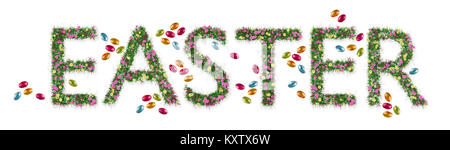 Yellow and pink flowers spell out the word Easter. Small foi wraped Easter eggs surround. Stock Photo
