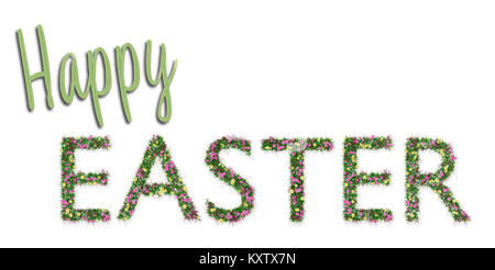 Yellow and pink flowers spell out the word Easter. Isolated on white. Stock Photo