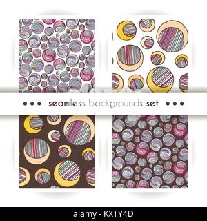 Set of seamless doodle prints of moons or ing-yang. Vector abstract endless arts design textures Stock Vector