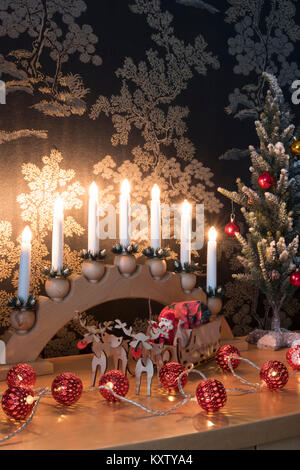 Christmas bridge lights with laser cut sleigh. Stock Photo