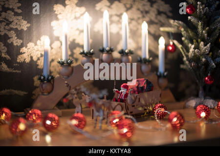 Christmas bridge lights with laser cut sleigh. Stock Photo