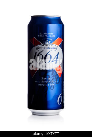 LONDON, UK - JANUARY 02, 2018: Cold bottle of Kronenbourg 1664 beer on white background. A 5.5% pale lager is the main brand of Kronenbourg Brewery ow Stock Photo