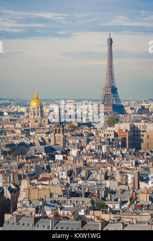 Paris cityscape aerial, view across the rooftops of the Left Bank (Rive Gauche) of Paris towards Les Invalides and the Eiffel Tower, France. Stock Photo
