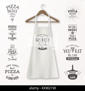 Vector realistic white cotton kitchen apron with clothes wooden hanger and quotes about pizza set closeup isolated on white. Design template, mock up for branding, graphics, advertising, printing Stock Vector