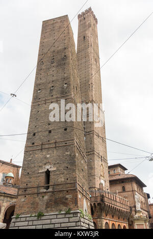 The Two Towers, Le due Torri: Garisenda e degli Asinelli Bologna Italy, leaning. Stock Photo