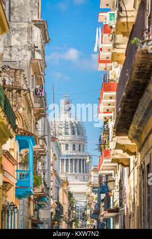 Havana, Cuba alley and Capitolio. Stock Photo