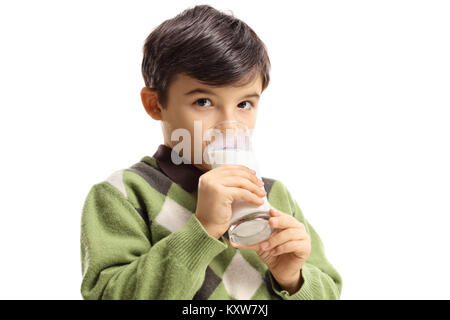 Boy drinking a glass of milk isolated on white background Stock Photo