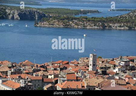 Panorama of Šibenik, Croatia town and sea canal in front of him. Picture taken from Barone fortress. Stock Photo