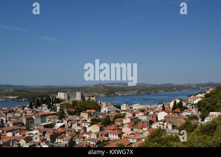 Panorama of Šibenik, Croatia town and sea canal in front of him. Picture taken from Barone fortress. Stock Photo