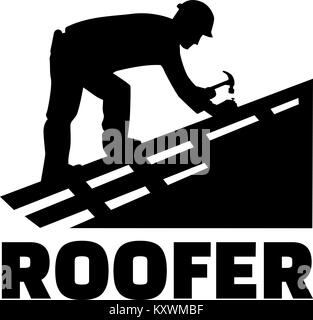 Roofer working on top of a roof with job title Stock Vector