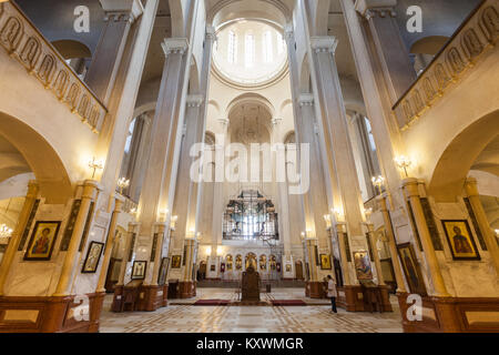 TBILISI, GEORGIA - SEPTEMBER 16, 2015: The Holy Trinity Cathedral of Tbilisi (Tsminda Sameba Church) interior. Stock Photo