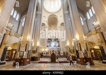 TBILISI, GEORGIA - SEPTEMBER 16, 2015: The Holy Trinity Cathedral of Tbilisi (Tsminda Sameba Church) interior. Stock Photo