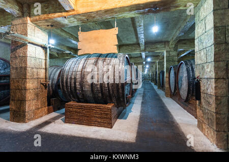 YEREVAN, ARMENIA - SEPTEMBER 28, 2015: Wine cellar in Yerevan Brandy Company 'Ararat'. Stock Photo
