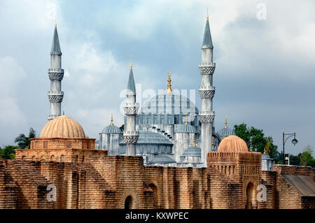 Scale Models or Replicas of Suleymaniye Mosque, Istanbul, Turkey & Kairouan Mosque, Tunisia at the Islamic Heritage Park, Kuala Terengganu, Malaysia Stock Photo