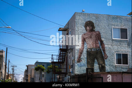 Mural artwork representing the famous frontman of the american band The Doors Jim Morrison in Venice Beach by the artist Rip Cronk, Los Angeles, USA.