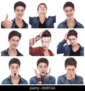 Mosaic of young man multiple expressions images on white background. Mixed emotions poster. Stock Photo