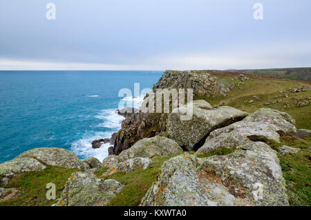The view from the coastal path near Gwennap Head looking towards Carn Barra in West Cornwall Stock Photo