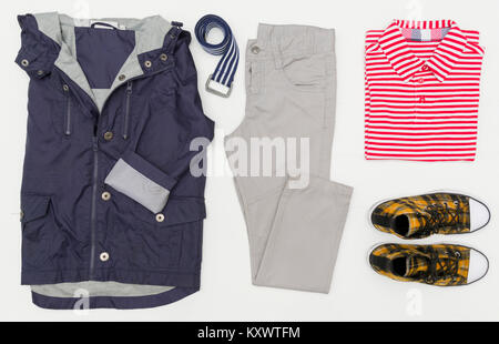 Top view fashion trendy look of kids clothes. Kids fashion Stock Photo