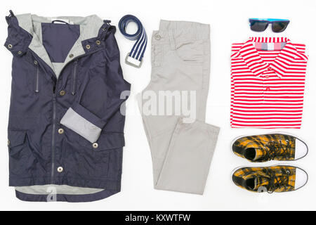 Top view fashion trendy look of kids clothes. Kids fashion Stock Photo