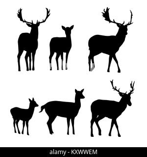 Set of vector silhouettes of deer and fallow deer with a fawn isolated on white background Stock Vector