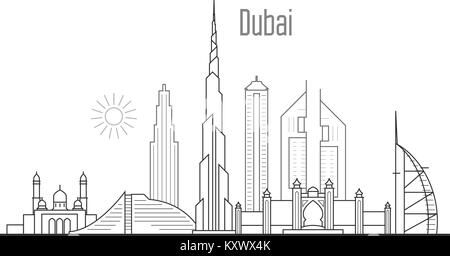 Dubai city skyline - towers and landmarks cityscape in liner style Stock Vector