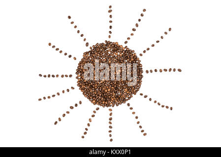 Sun symbol made from coffee beans isolated on white  Stock Photo