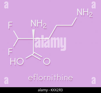Eflornithine drug molecule. Used to treat facial hirsutism (excessive hair growth) and African trypanosomiasis (sleeping sickness). Skeletal formula. Stock Photo