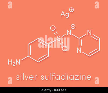 Silver sulfadiazine topical antibacterial drug molecule. Used in treatment of wounds and burns. Skeletal formula. Stock Photo