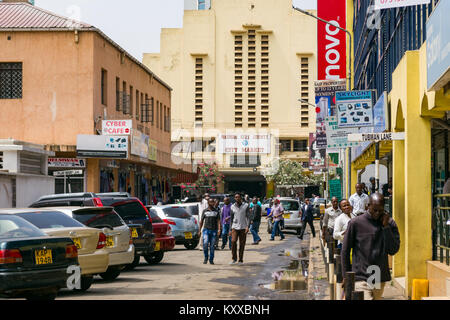 Street scene of Kigali road looking towards Nairobi City Market hall with people walking along the road, Nairobi, Kenya, East Africa Stock Photo