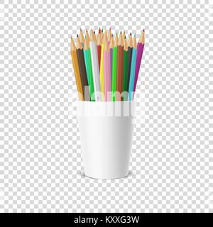 Vector realistic blank plastic cup-stand icon with a set of colored pencils. Closeup isolated on transparency grid background. Design template, clipart or mockup for graphics - web, app. Front view Stock Vector