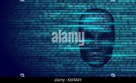 Hacker artificial intelligence robot danger dark face. Cyborg binary code head shadow online hack alert personal data intellect mind virtual information vector illustration Stock Vector