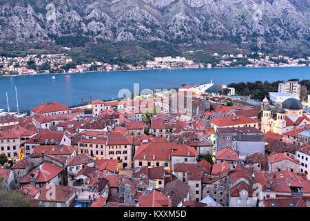 View over the old city and the bay in Kotor, Montenegro. Stock Photo