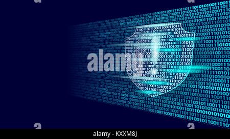 Shield guard safety system binary code flow. Big data security hacker attack computer antivirus business concept exclamation point information vector illustration Stock Vector