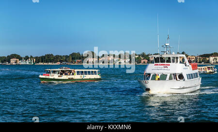 Motorized traffic and water taxis along the Grand Canal in Veneto, Venice, Italy, Europe, Stock Photo