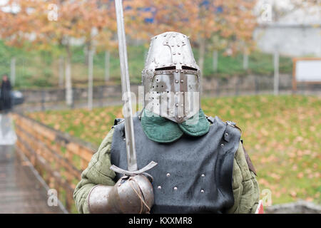 medieval knight training for battle in a fort Stock Photo