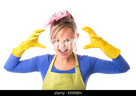 Tired, frustrated and exhausted cleaning woman screaming  isolated on white Stock Photo