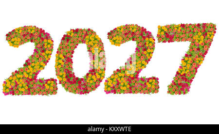 Numbers 2027 made from Zinnias flowers isolated on white background with clipping path. Happy new year concept Stock Photo