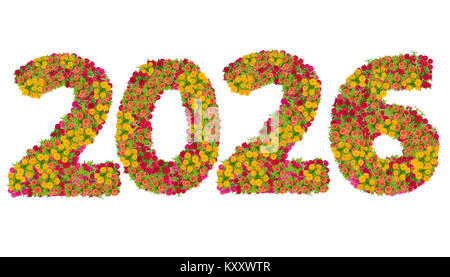 Numbers 2026 made from Zinnias flowers isolated on white background with clipping path. Happy new year concept Stock Photo