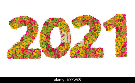 Numbers 2021 made from Zinnias flowers isolated on white background with clipping path. Happy new year concept Stock Photo